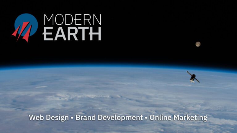 Modern Earth logo with hearth horizon and supply spaceship in background